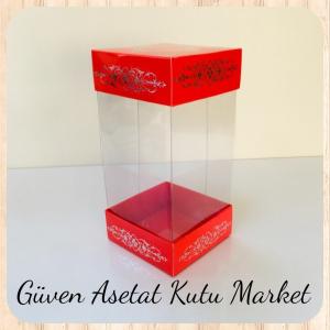 8x8x16 Asetat, Çift Taraflı Kırmızı Üzerine Gümüş Saray Desenli Kutu