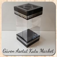 8x8x16 Asetat, Çift Taraflı Siyah Üzerine Gümüş Kilim Desenli Kutu