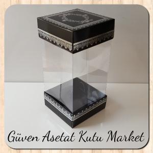 8x8x16 Asetat, Çift Taraflı Siyah Üzerine Gümüş Kilim Desenli Kutu