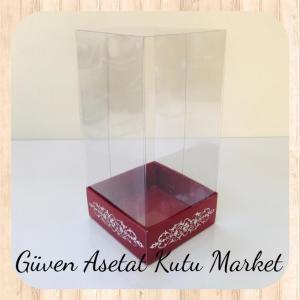 8x8x16 Asetat, Tek Taraflı Bordo Üzerine Gümüş Saray Desenli Kutu