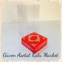 8x8x16 Asetat. Tek Taraflı Kırmızı Üzerine Gümüş Saray Desenli Kutu