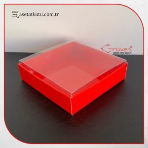 8x8x2 Altı Kırmızı Karton Üstü Asetat Kutu (İçten Kapanan)