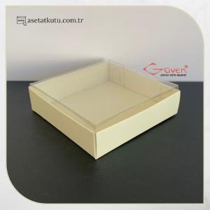 8x8x2 Altı Krem Karton Üstü Asetat Kutu (İçten Kapanan)