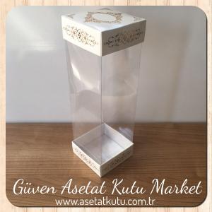 8x8x25 Asetat, Çift Taraflı Beyaz Üzerine Gold Saray Desenli Kutu
