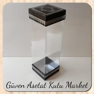 8x8x25 Asetat, Çift Taraflı Siyah Üzerine Gümüş Kilim Desenli Kutu