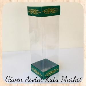 8x8x25 Asetat, Çift Taraflı Yeşil Üzerine Gold Saray Desenli Kutu