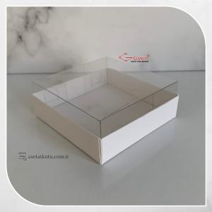 8x8x3 Altı Beyaz Karton Üstü Asetat Kutu (İçten Kapanan)