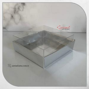 8x8x3 Altı Gümüş Metalize Karton Üstü Asetat Kutu (İçten Kapanan)