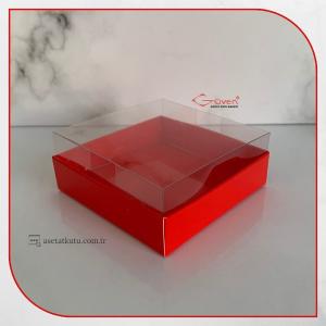 8x8x3 Altı Kırmızı Karton Üstü Asetat Kutu (İçten Kapanan)