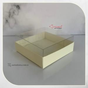 8x8x3 Altı Krem Karton Üstü Asetat Kutu (İçten Kapanan)