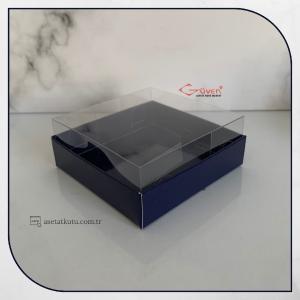 8x8x3 Altı Lacivert Karton Üstü Asetat Kutu (İçten Kapanan)