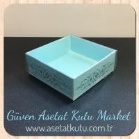 8x8x3 Altı Mavi Üzerine Gümüş Saray Desenli Karton, Üstü Asetat Kutu