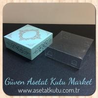 8x8x3 Altı Mavi Üzerine Gümüş Saray Desenli Karton, Üstü Asetat Kutu