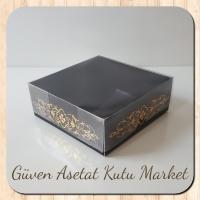 8x8x3 Altı Siyah Üzerine Gold Saray Desenli Karton, Üstü Asetat Kutu