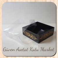 8x8x3 Altı Siyah Üzerine Gold Saray Desenli Karton, Üstü Asetat Kutu