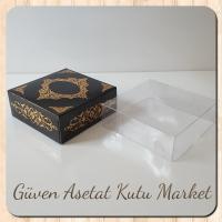 8x8x3 Altı Siyah Üzerine Gold Saray Desenli Karton, Üstü Asetat Kutu