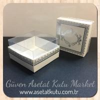 8x8x4 Altı Beyaz Üzerine Gümüş Kilim Desenli Karton, Üstü Asetat Kutu