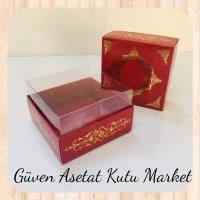 8x8x4 Altı Bordo Üzerine Gold Saray Desenli Karton, Üstü Asetat Kutu