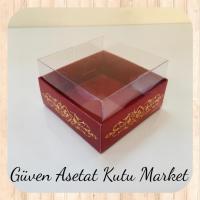 8x8x4 Altı Bordo Üzerine Gold Saray Desenli Karton, Üstü Asetat Kutu