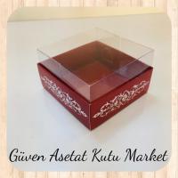 8x8x4 Altı Bordo Üzerine Gümüş Saray Desenli Karton, Üstü Asetat Kutu