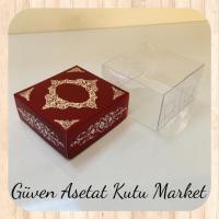 8x8x4 Altı Bordo Üzerine Gümüş Saray Desenli Karton, Üstü Asetat Kutu