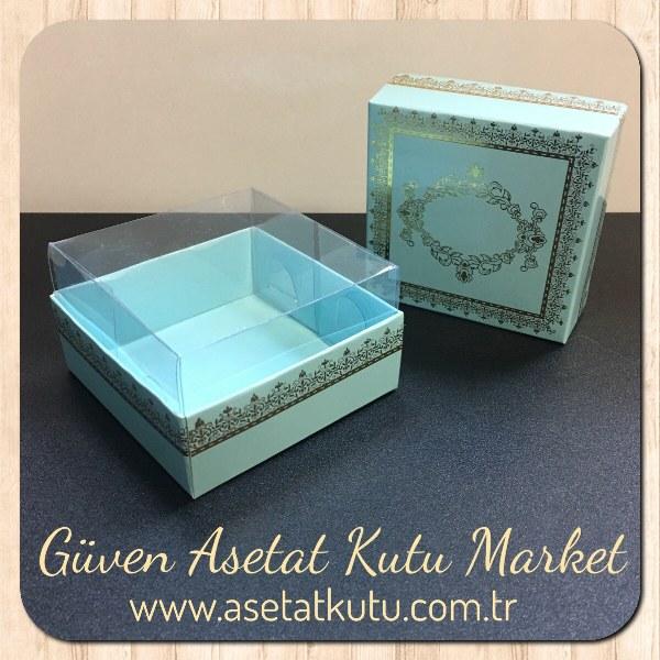 8x8x4 Altı Mavi Üzerine Gold Kilim Desenli Karton, Üstü Asetat Kutu