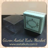 8x8x4 Altı Mavi Üzerine Gold Kilim Desenli Karton, Üstü Asetat Kutu