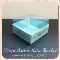 8x8x4 Altı Mavi Üzerine Gümüş Saray Desenli Karton, Üstü Asetat Kutu