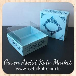 8x8x4 Altı Mavi Üzerine Mavi Saray Desenli Karton, Üstü Asetat Kutu