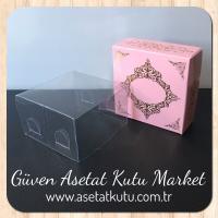 8x8x4 Altı Pembe Üzerine Gold Saray Desenli Karton, Üstü Asetat Kutu