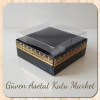 8x8x4 Altı Siyah Üzerine Gold Kilim Desenli Karton, Üstü Asetat Kutu
