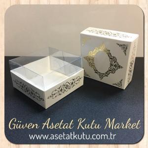 8x8x5 Altı Beyaz Üzerine Gold Saray Desenli Karton, Üstü Asetat Kutu