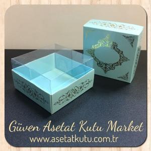 8x8x5 Altı Mavi Üzerine Gold Saray Desenli Karton, Üstü Asetat Kutu