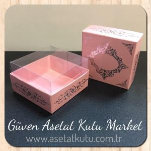 8x8x5 Altı Pembe Üzerine Gümüş Saray Desenli Karton, Üstü Asetat Kutu