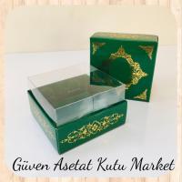 8x8x5 Altı Yeşil Üzerine Gold Saray Desenli Karton, Üstü Asetat Kutu