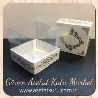 8x8x8 Altı Beyaz Üzerine Gold Saray Desenli Karton, Üstü Asetat Kutu