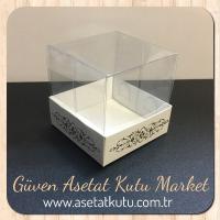 8x8x8 Altı Beyaz Üzerine Gold Saray Desenli Karton, Üstü Asetat Kutu