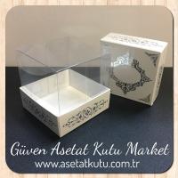 8x8x8 Altı Beyaz Üzerine Gümüş Saray Desenli Karton, Üstü Asetat Kutu