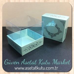 8x8x8 Altı Mavi Üzerine Gümüş Saray Desenli Karton, Üstü Asetat Kutu