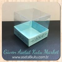 8x8x8 Altı Mavi Üzerine Gümüş Saray Desenli Karton, Üstü Asetat Kutu