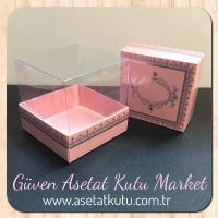 8x8x8 Altı Pembe Üzerine Gümüş Kilim Desenli Karton, Üstü Asetat Kutu