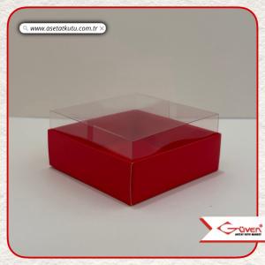 9x9x4 Altı Kırmızı Karton Üstü Asetat Kutu
