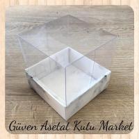 9x9x7 Altı Beyaz Mermer Desenli Karton Üstü Asetat Kutu