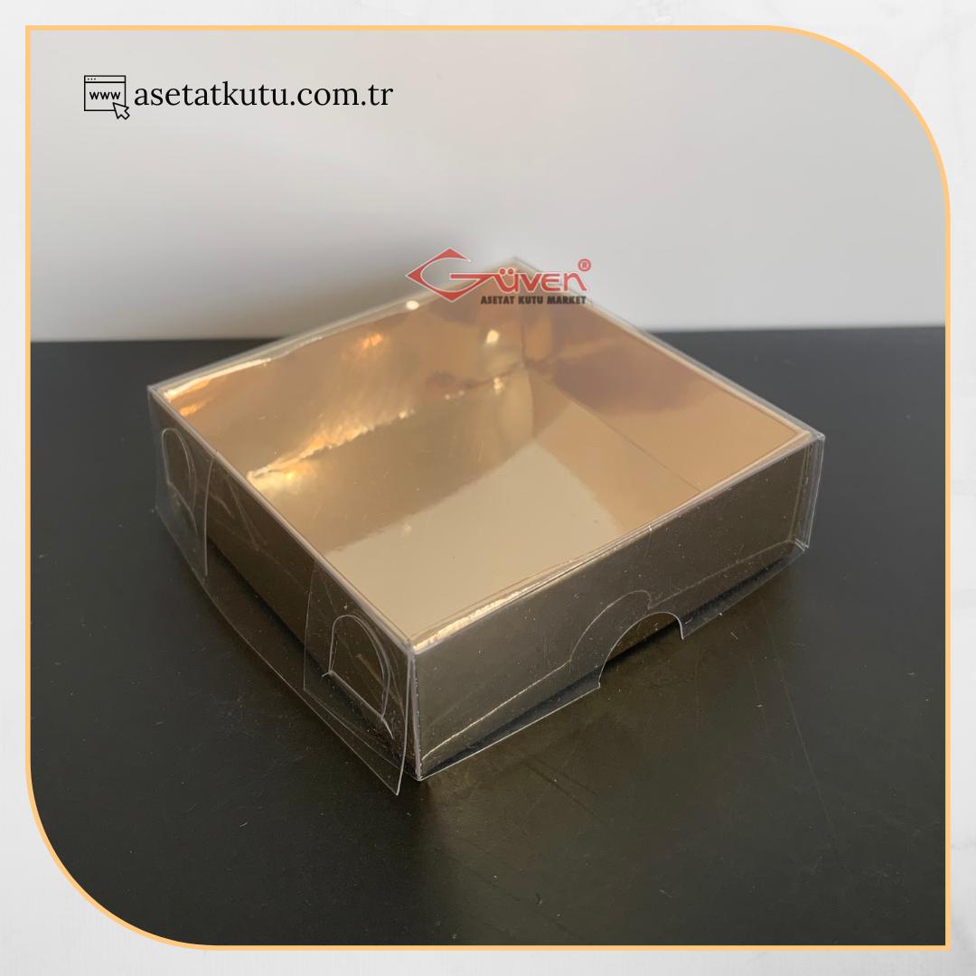7x7x2.2 Ölçülü Altı Gold Metalize Karton Üstü Asetat Kutu