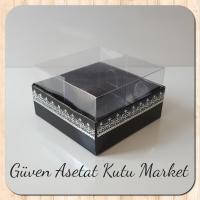 8x8x5 Altı Siyah Üzerine Gümüş Kilim Desenli Karton, Üstü Asetat Kutu